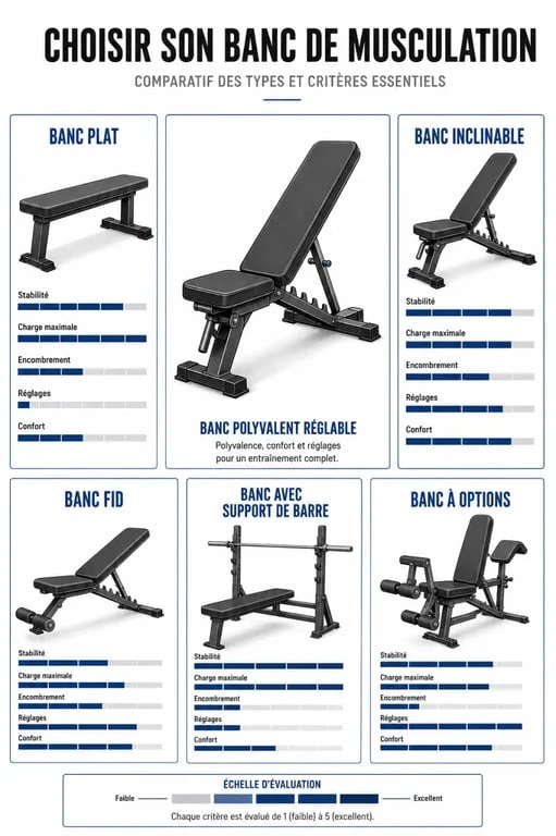 Banc de musculation : comparaison visuelle des types de bancs et critères de choix