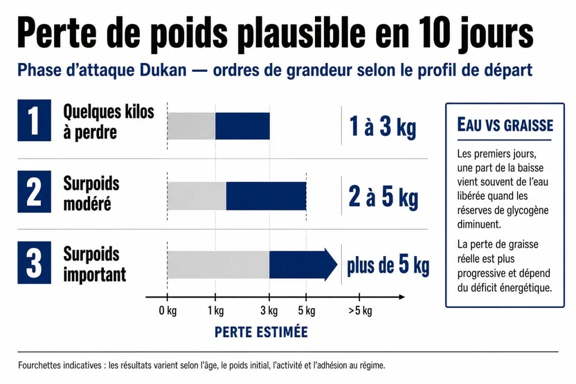 Phase d attaque 10 jours combien de kilos perdus : fourchettes réalistes selon le profil et part d’eau versus graisse