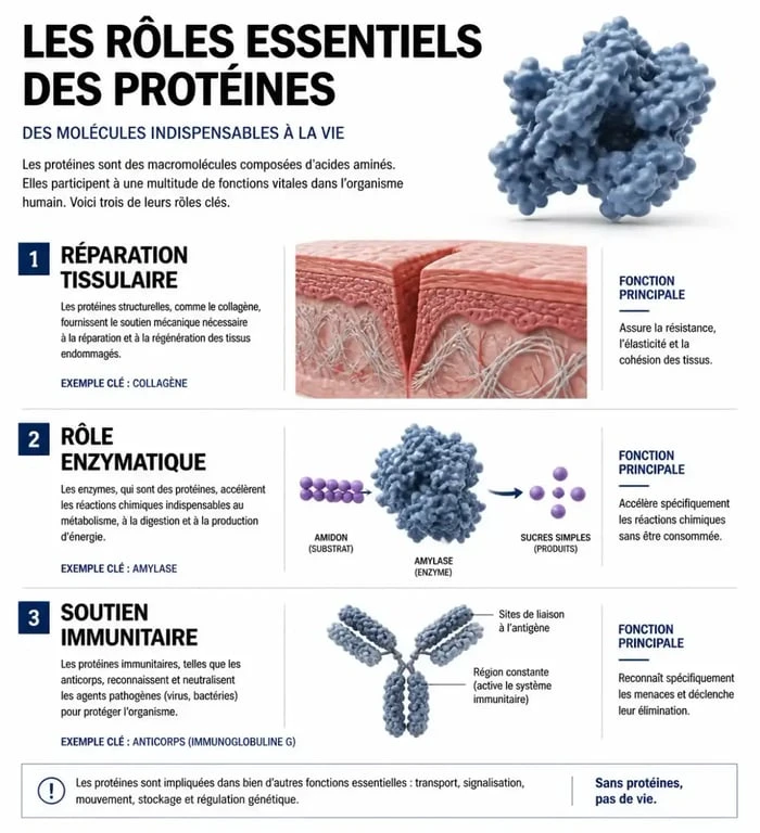 Infographie illustrant pourquoi manger des protéines est essentiel pour la santé et le fonctionnement du corps
