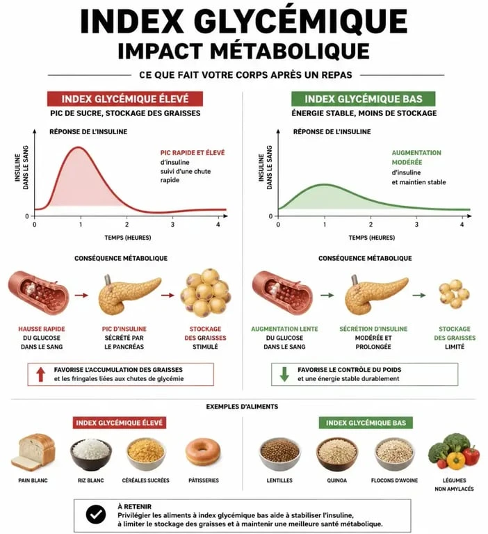Infographie sur l'impact métabolique des aliments à éviter pour maigrir et la gestion de l'insuline