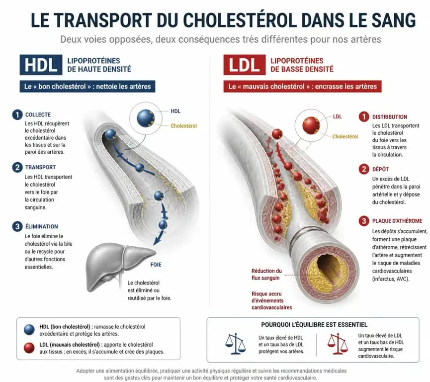 Schéma explicatif du bon et mauvais cholestérol HDL et LDL dans les artères