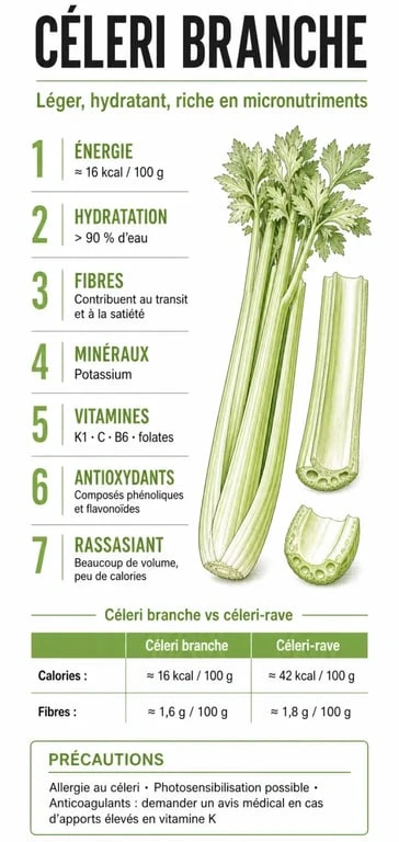 Céleri branche bienfaits : infographie sur ses calories, fibres, potassium, vitamines et précautions
