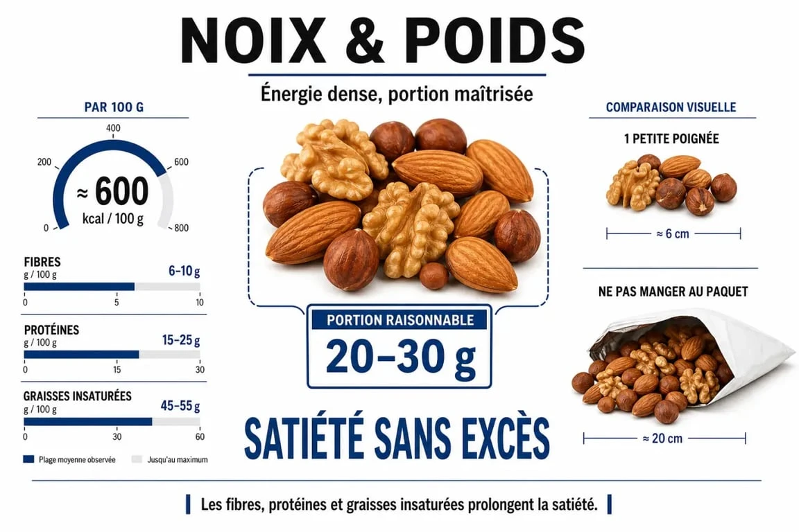 Les noix font elles grossir : infographie sur les calories, la portion de 20 à 30 g et la satiété