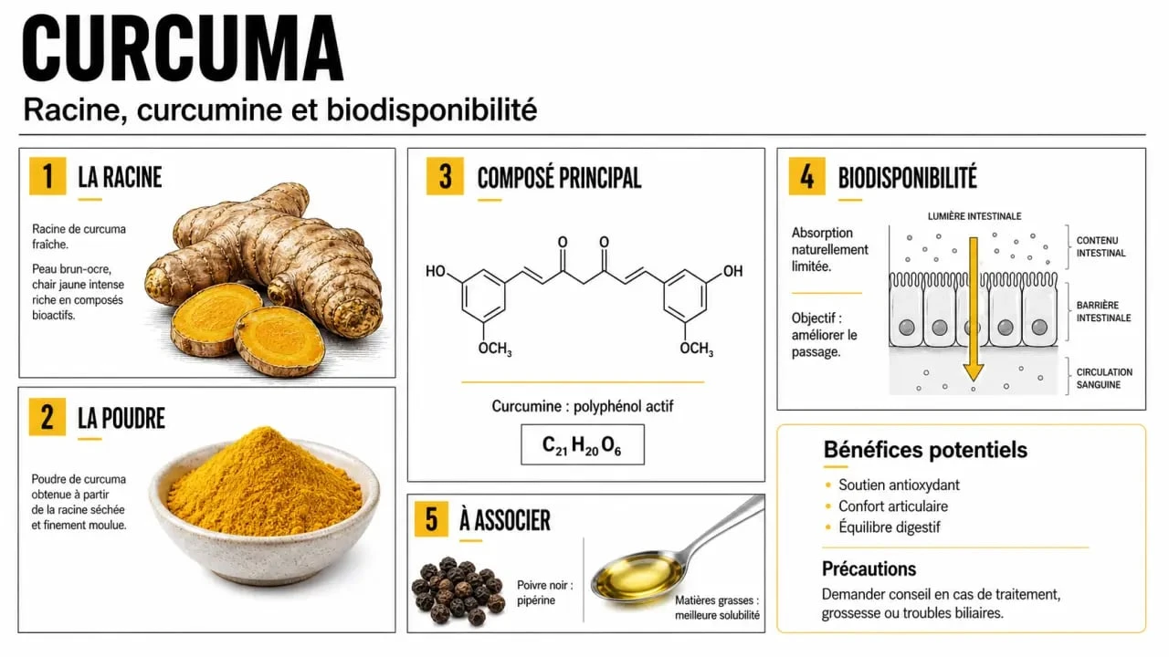 Infographie sur les bienfaits du curcuma montrant la curcumine, la biodisponibilité, le poivre noir et les précautions d’emploi
