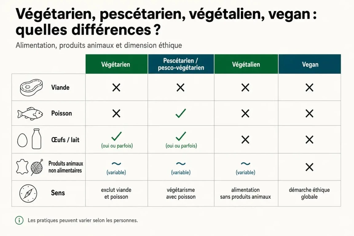 Infographie sur végétarien qui mange du poisson : différences entre végétarien, pescétarien, végétalien et vegan