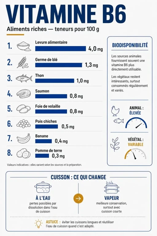 Infographie des aliments riches en vitamine B6 avec teneurs pour 100 g et conseils de cuisson