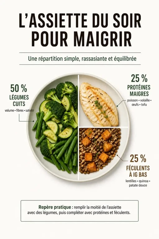 Que manger le soir pour maigrir : assiette équilibrée 50/25/25 avec légumes, protéines maigres et féculents