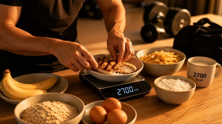 Menu prise de masse homme 60 kg : 2700 kcal, bols d’aliments et balance cuisine
