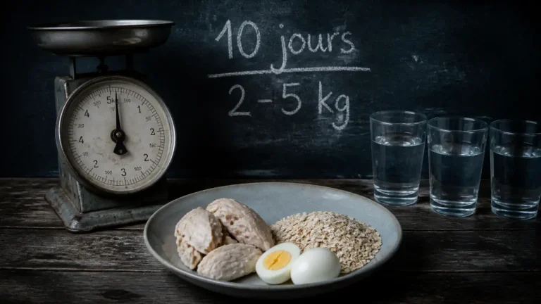 Phase d attaque 10 jours combien de kilos perdus : balance et craie sur tableau noir