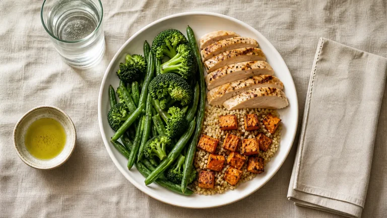 Que manger le soir pour maigrir : assiette 50% légumes, protéines maigres, féculent IG bas