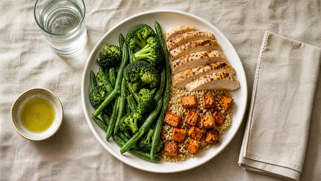 Que manger le soir pour maigrir : assiette 50% légumes, protéines maigres, féculent IG bas