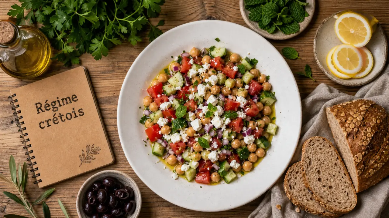 Regime cretois : assiette mediterranee salade pois chiches feta huile d’olive