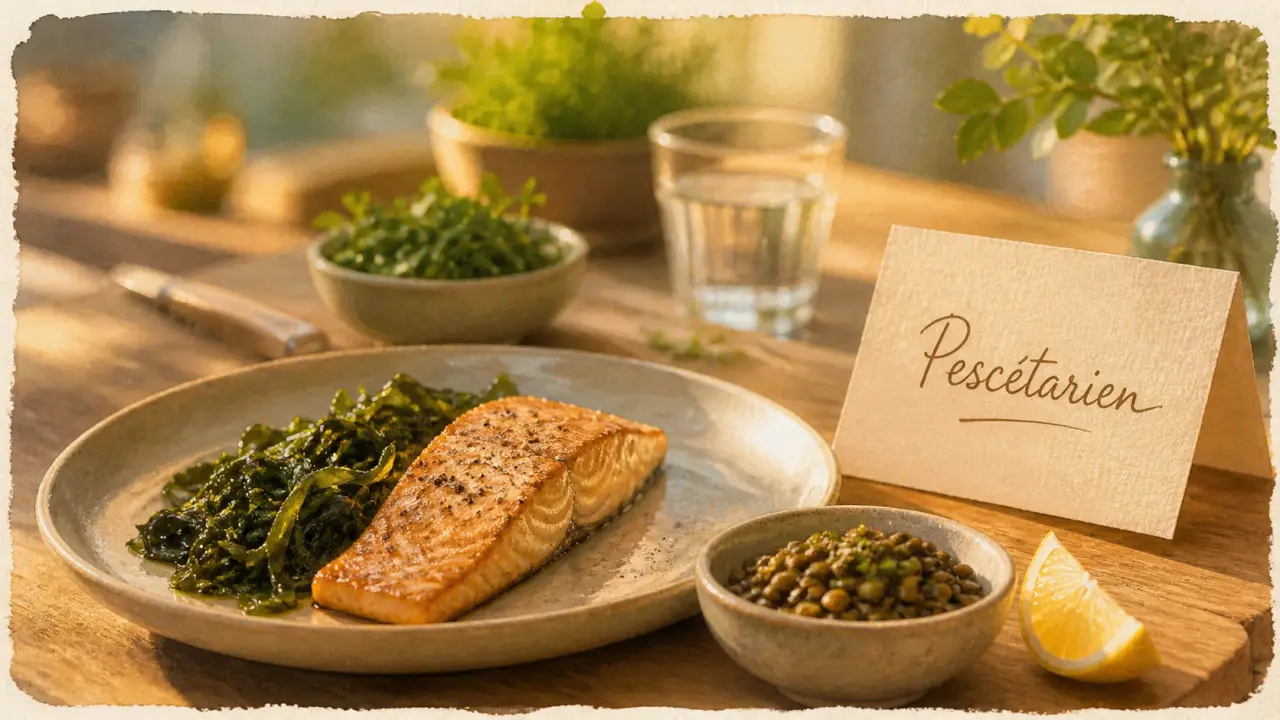 Vegetarien qui mange du poisson : assiette de saumon et algues, style pescétarien