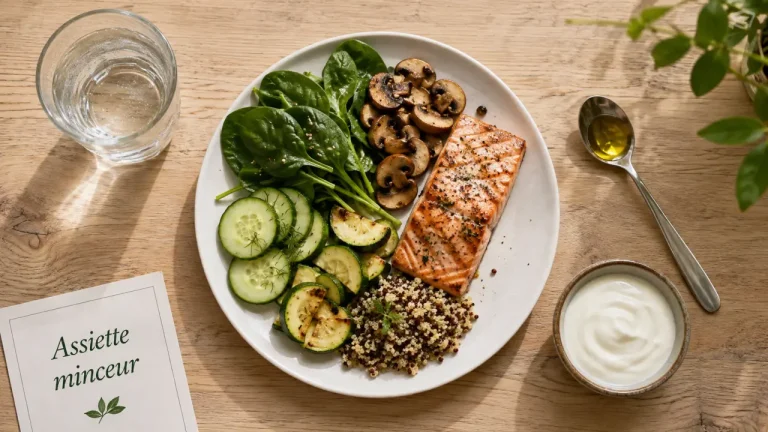 Aliments qui font maigrir : assiette fibres et protéines, légumes et saumon ou tofu