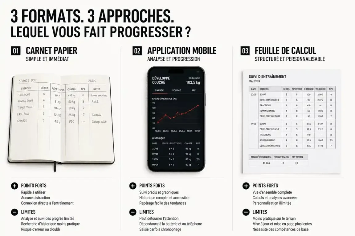 Comparatif carnet d'entrainement musculation papier, application et tableur