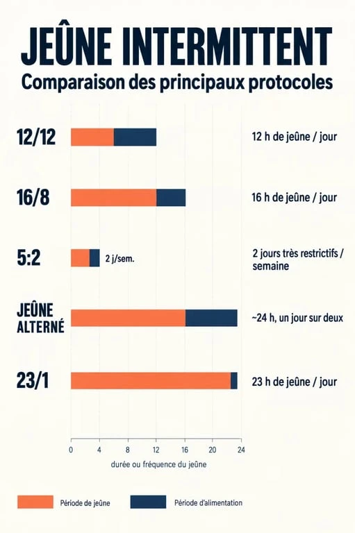 Comparatif visuel des protocoles de jeûne intermittent 16/8, 5:2 et jeûne alterné