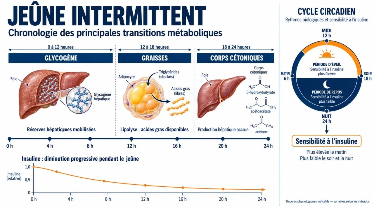 Infographie sur les mécanismes du jeûne intermittent : glycogène, graisses et rythme circadien