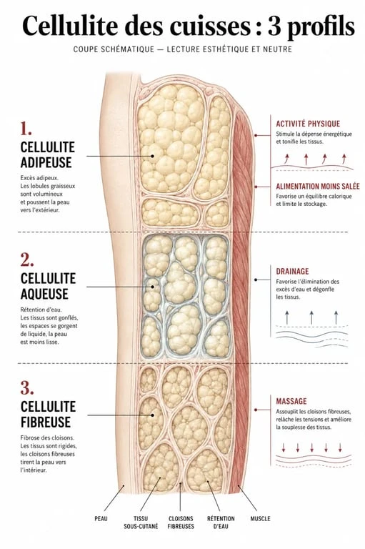 Cellulite cuisse enlever : schéma des types de cellulite sur les cuisses et des actions efficaces pour la réduire