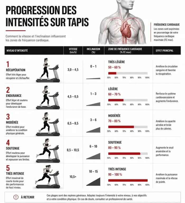 Infographie des niveaux d'exercice sur tapis de course selon l'intensité et l'inclinaison