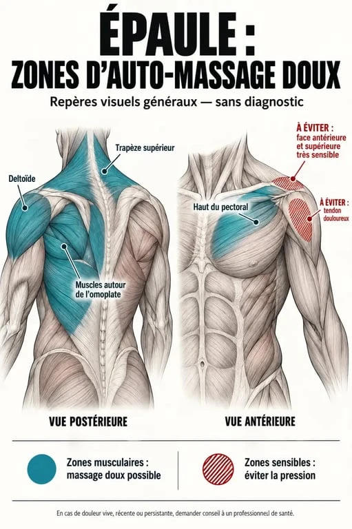 Schéma des zones de massage pour une tendinite épaule et des zones à éviter