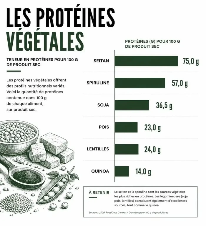 Teneur en protéines végétales comparée pour la musculation entre pois, soja, seitan et lentilles
