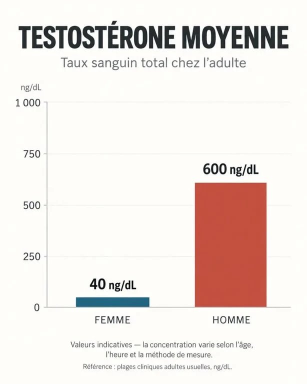 Comparaison du taux de testostérone entre femme et homme expliquant pourquoi une femme musclée mais pas trop reste rare