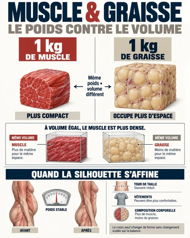 Muscle graisse plus lourd : infographie sur la densité, le volume et la recomposition corporelle
