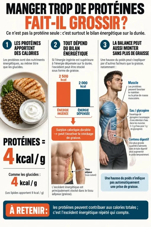 Infographie expliquant si manger trop de protéines fait-il grossir et le rôle du surplus calorique