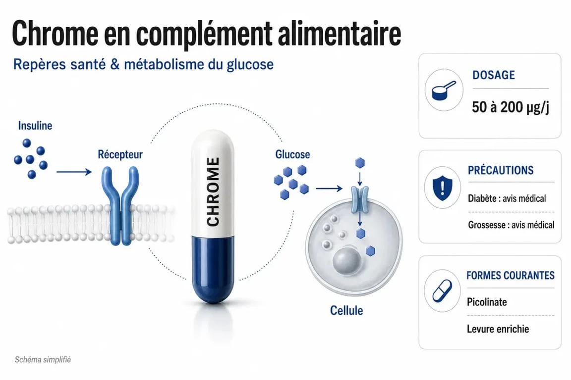 Infographie chrome complément alimentaire sur le rôle dans la glycémie, les dosages et les précautions