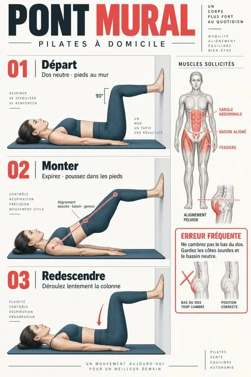 Illustration séquentielle d’exercices Pilates au mur avec le pont mural et les principaux repères d’alignement