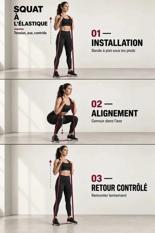 Illustration des étapes de musculation avec un élastique : tension initiale, squat et retour contrôlé