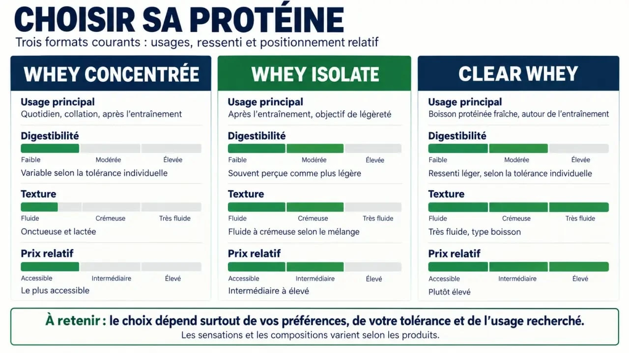 Pure AM Nutrition : comparaison visuelle entre whey concentrée, whey isolate et clear whey