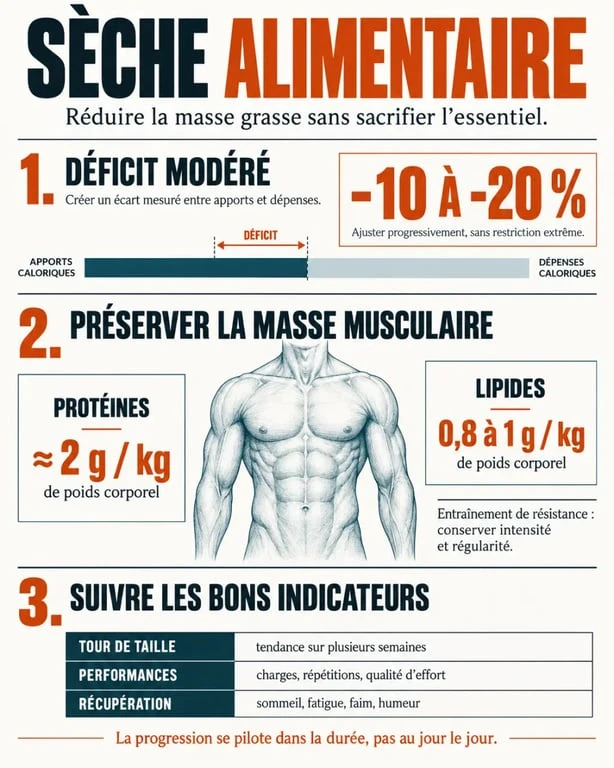 Infographie sur la sèche alimentaire, le déficit calorique et les macronutriments