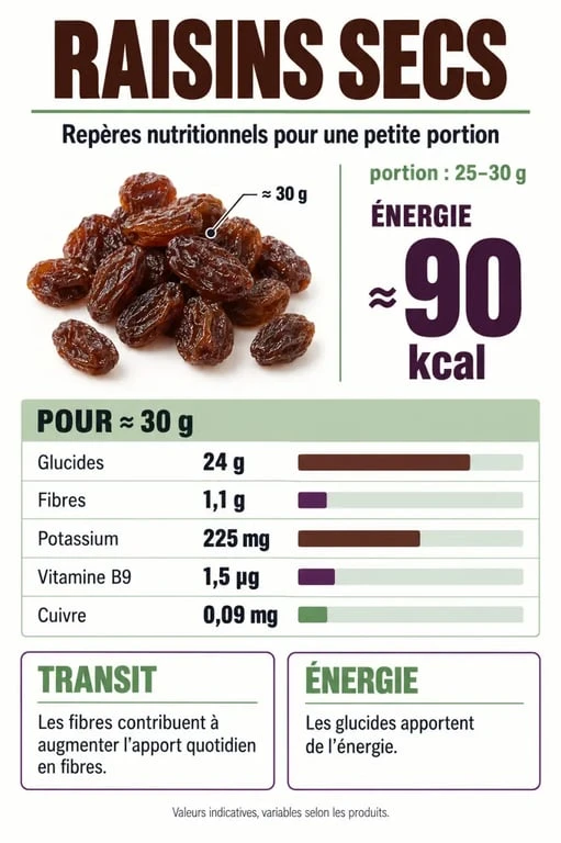 Infographie sur les bienfaits du raisin sec, ses fibres, son potassium et sa portion recommandée