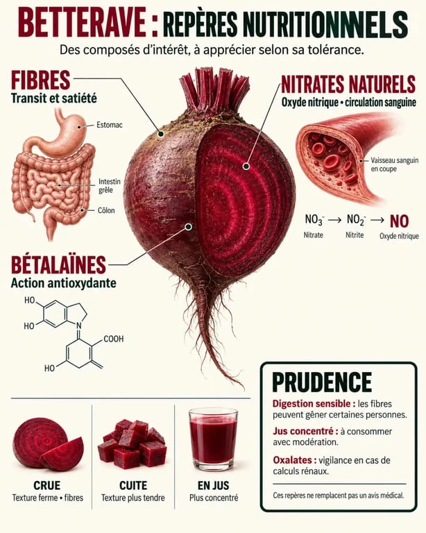 Infographie sur les bienfaits et méfaits de la betterave, ses nitrates, fibres, antioxydants et précautions