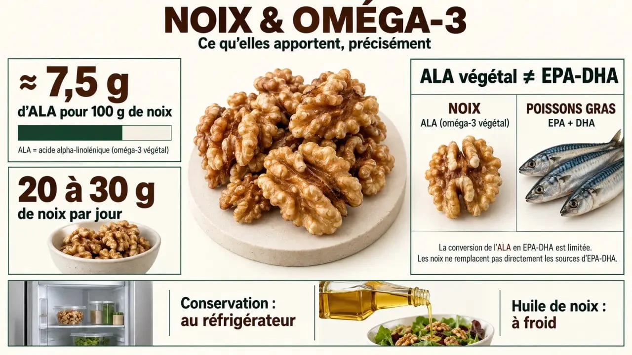 Infographie sur les noix et omega 3 : teneur en ALA, portion quotidienne et différence avec les oméga 3 des poissons gras