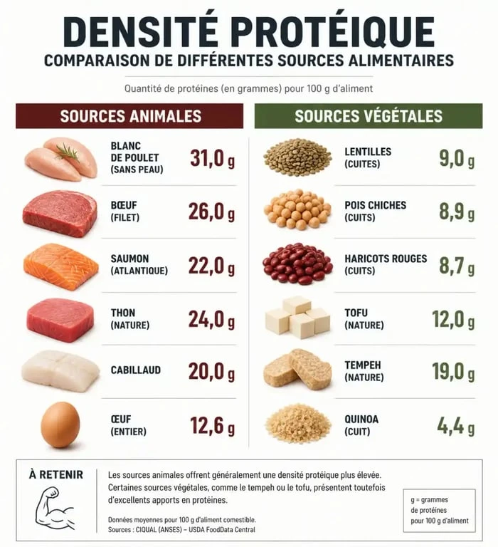 Infographie comparant la densité en protéines des aliments pour la musculation