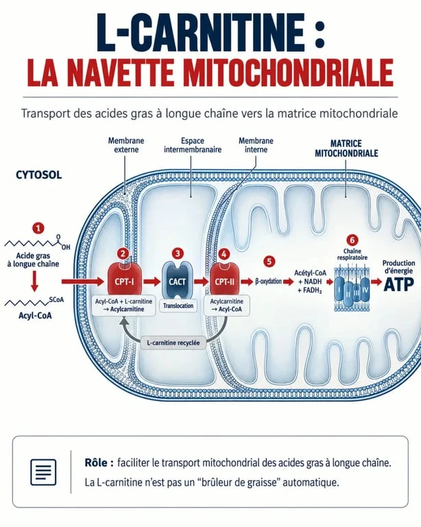 Effet de la L-carnitine : schéma du transport des acides gras vers les mitochondries