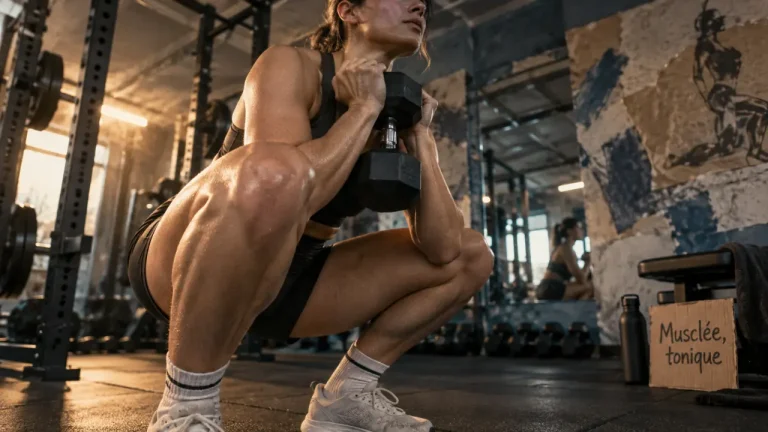 Femme musclee mais pas trop faisant un squat avec haltère en salle