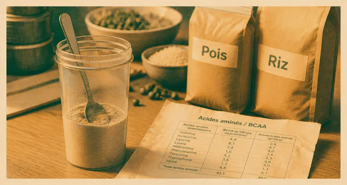 Meilleures protéines végétales musculation : blend pois-riz en shaker et acides aminés