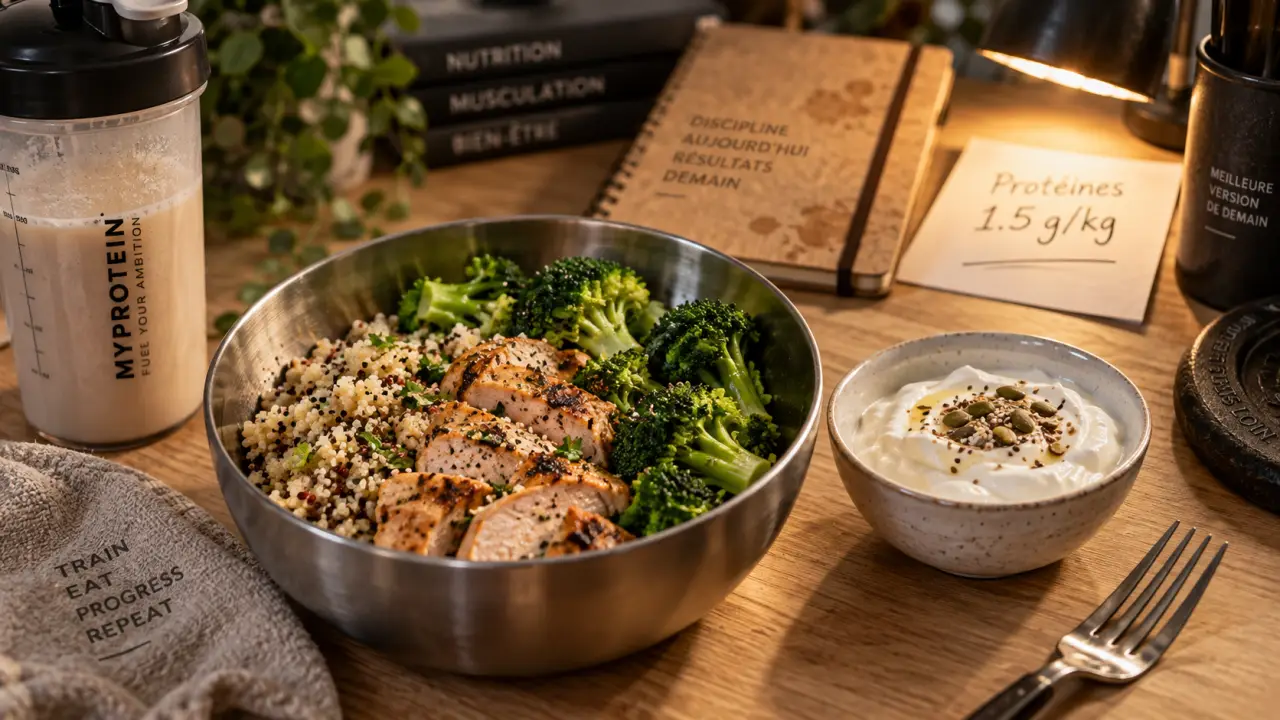 Musculation : aliment riche en proteine, bol quinoa poulet et whey