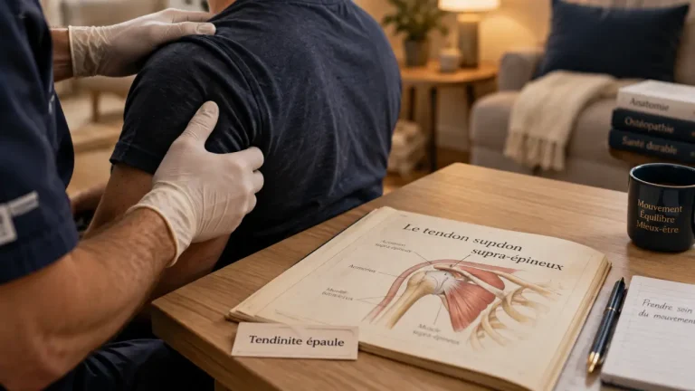 Tendinite épaule ostéopathe : main sur épaule et schéma du tendon