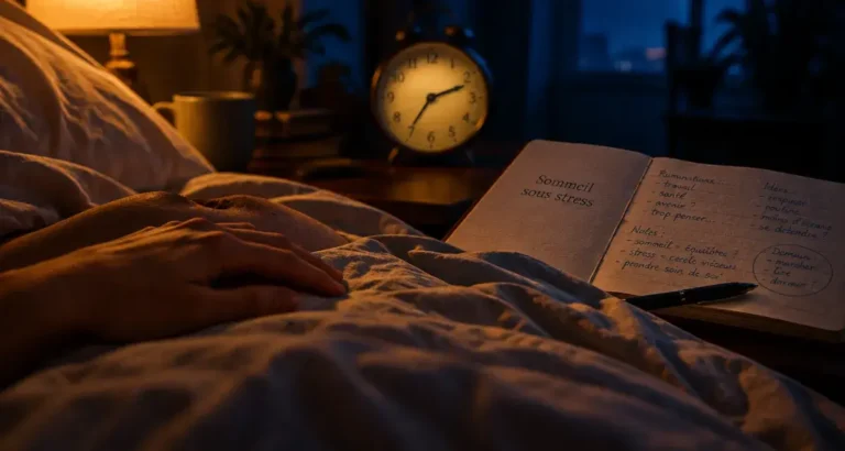 Anxiete insomnie : main sur le ventre, horloge, draps froissés