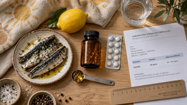Bienfaits de vitamine D : dose utile pour des os solides, flacon et analyse sanguine 25(OH)D