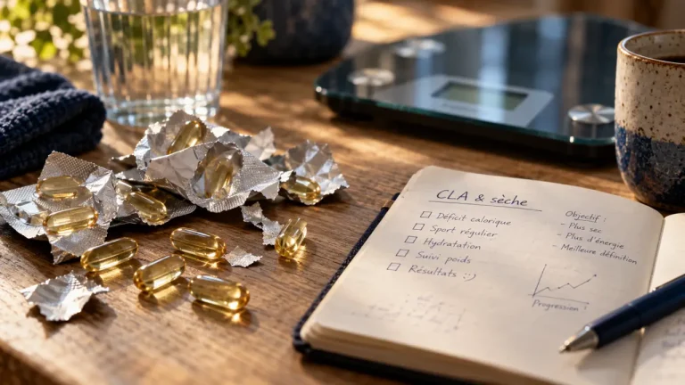 CLA complément alimentaire pour la sèche, capsules CLA sur table en bois