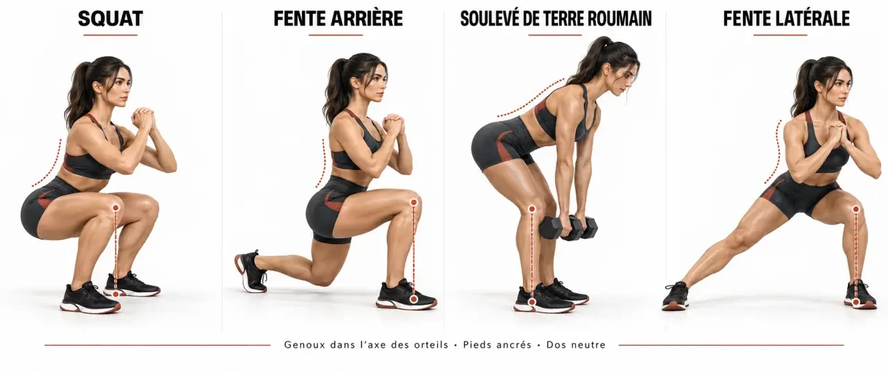 Illustration des principaux exercices pour se muscler les cuisses avec squat, fente et soulevé de terre roumain