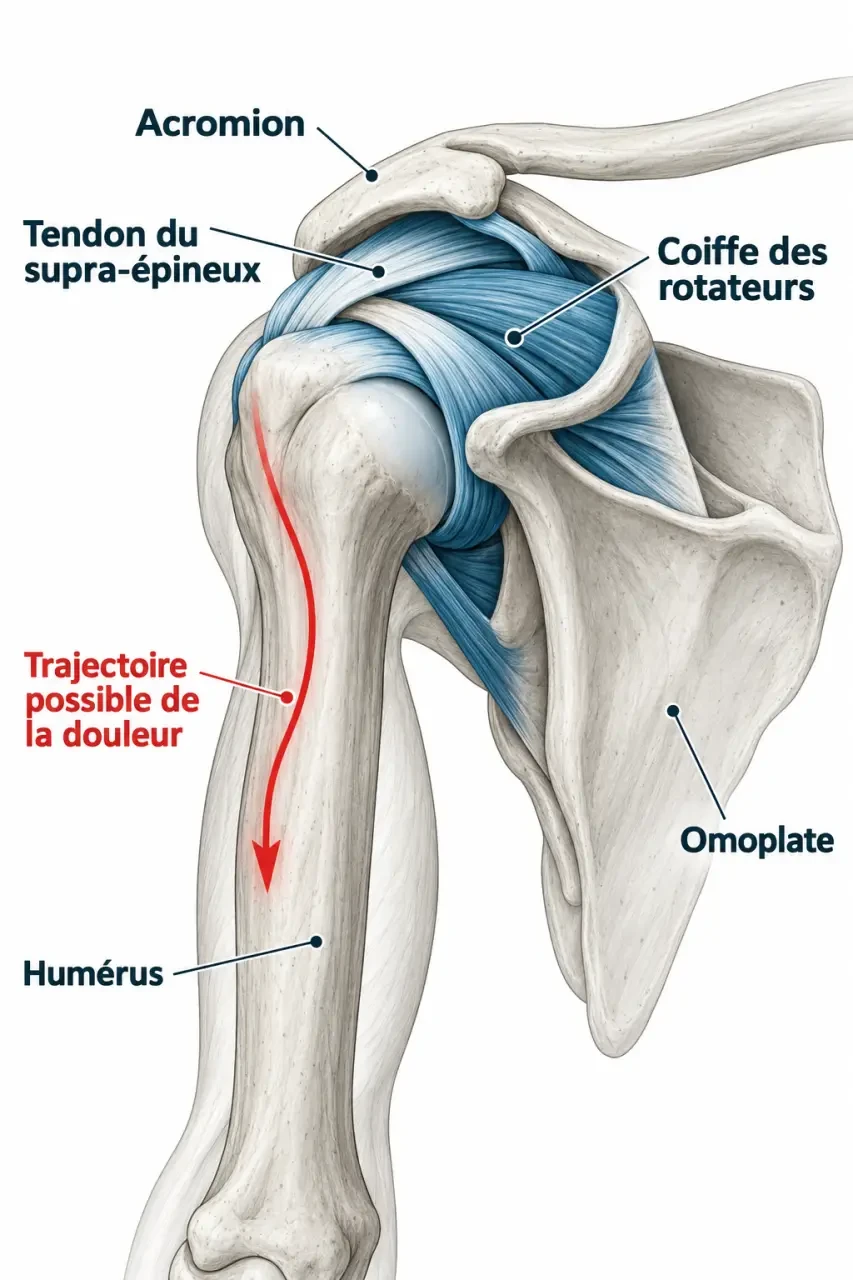 Schéma anatomique d’une tendinite épaule bras montrant la coiffe des rotateurs et l’irradiation de la douleur