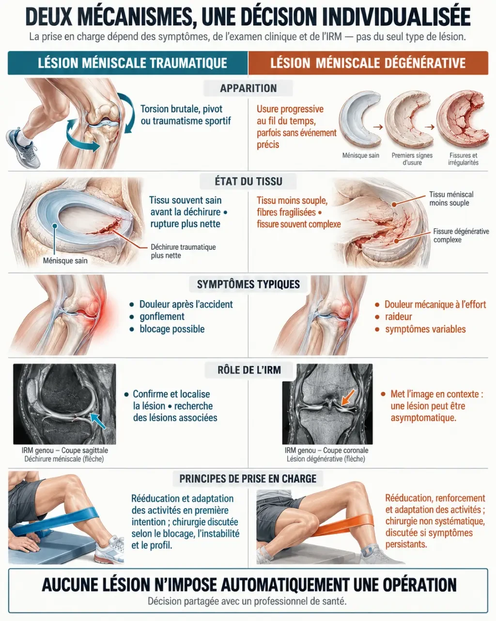 Infographie comparant fissure du ménisque traumatique et dégénérative