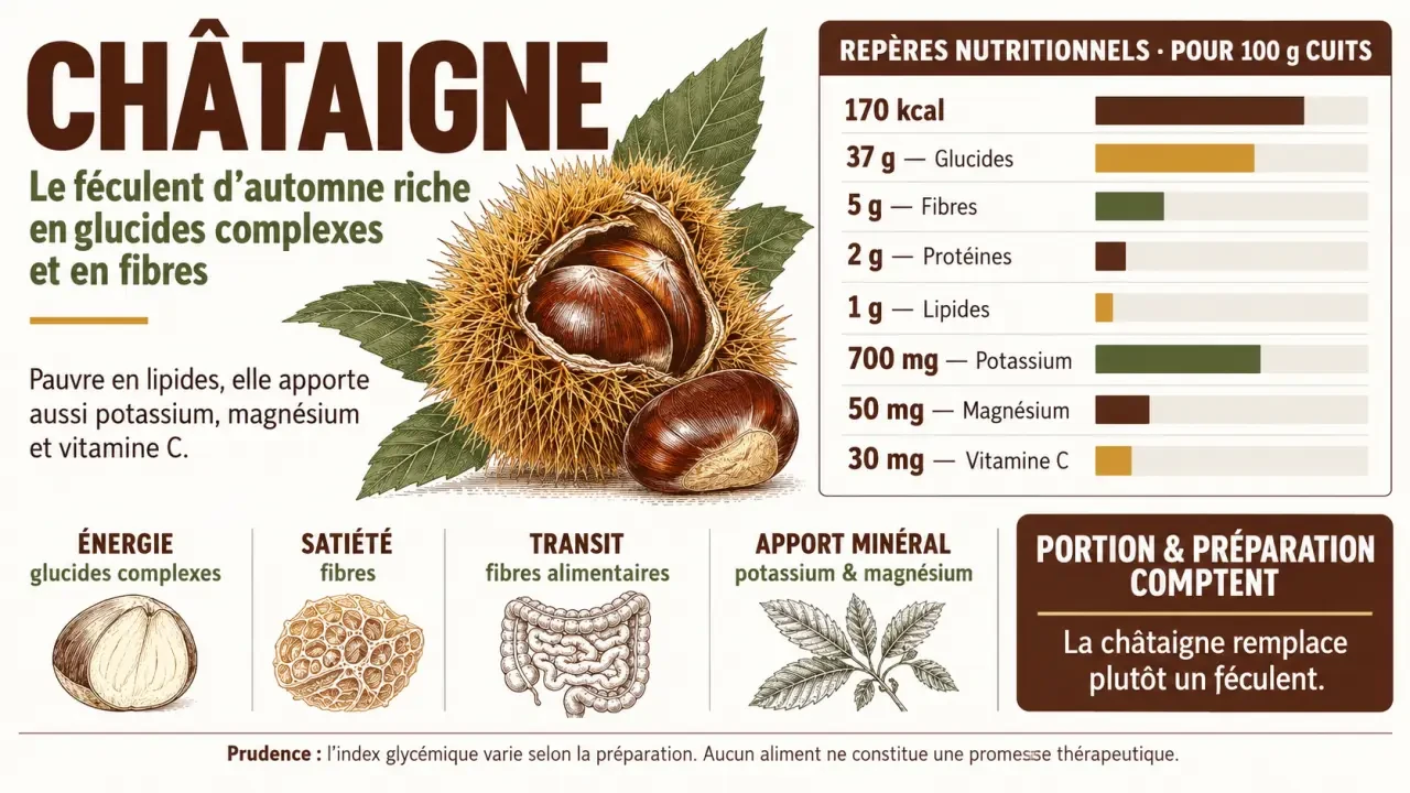 Infographie sur les bienfaits de la châtaigne, ses fibres, glucides, minéraux et apports nutritionnels pour 100 g cuits