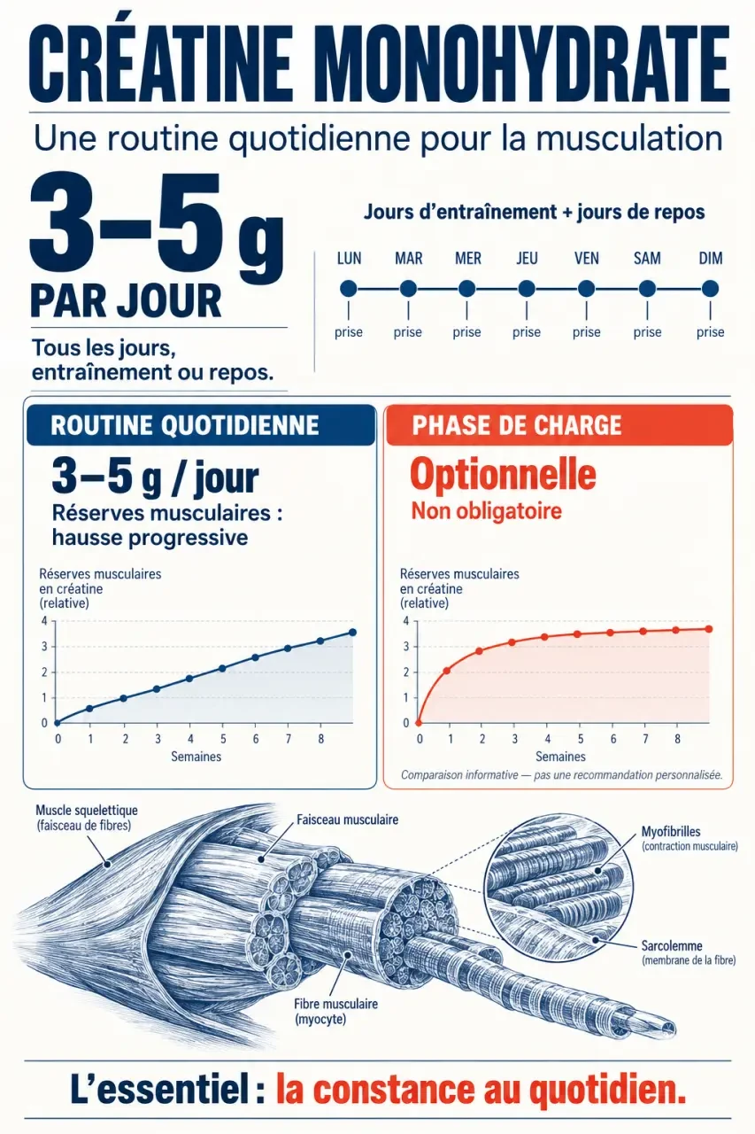 Créatine pour musculation : prise quotidienne, jours de repos et phase de charge